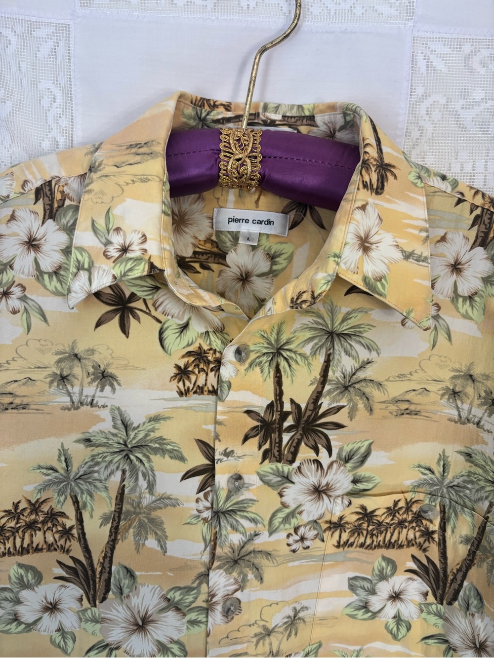 Men’s 100% Cotton Butter Yellow‎ Hawaiian  Print Short Sleeve Button Down Size L - Picture 13 of 14